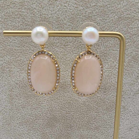 J Crew Gold Tone Freshwater Pearl Rose Quartz Crystal Earrings NWOT! - Picture 5 of 7